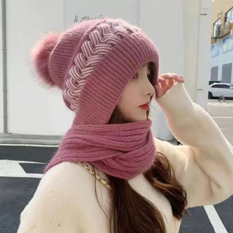 New Winter One-piece Knitted Hat Women's Thermal Hat Fleece Thickened Snow Hat Scarf Integrated Ear Protection Wool Hat