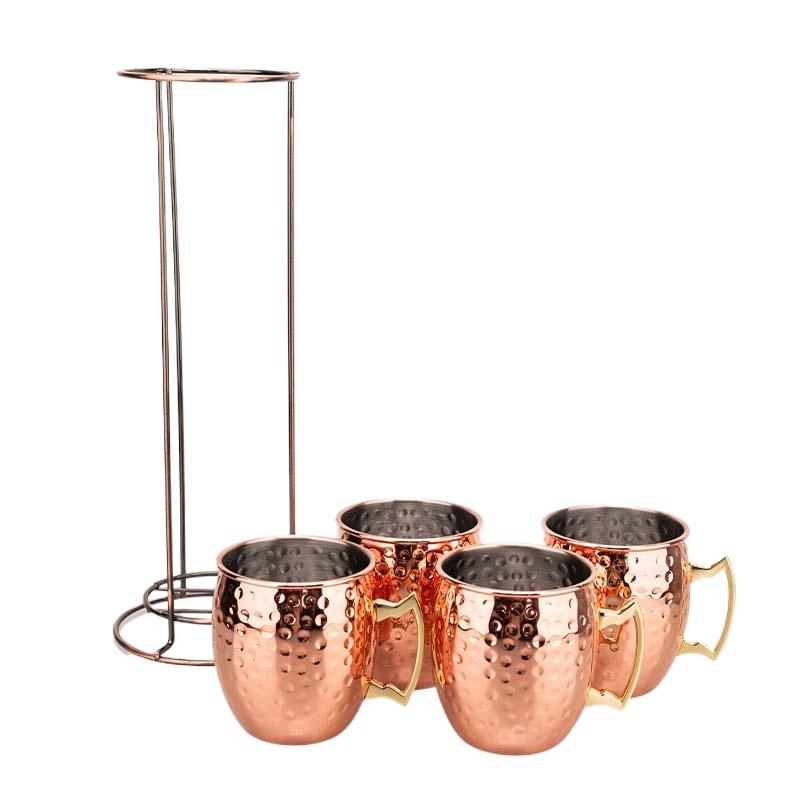 4PCS 500ml Moscow Mule Mugs Set with Iron Rack–304 Stainless Steel Hammered Copper Cups for Cocktails, Beer, Whiskey Drinkware 500ML