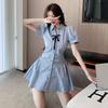 (Skirt + Shorts) College Style Suit, Long Blue Striped Shirt, Dress, High Waist Shorts, Two-piece Set