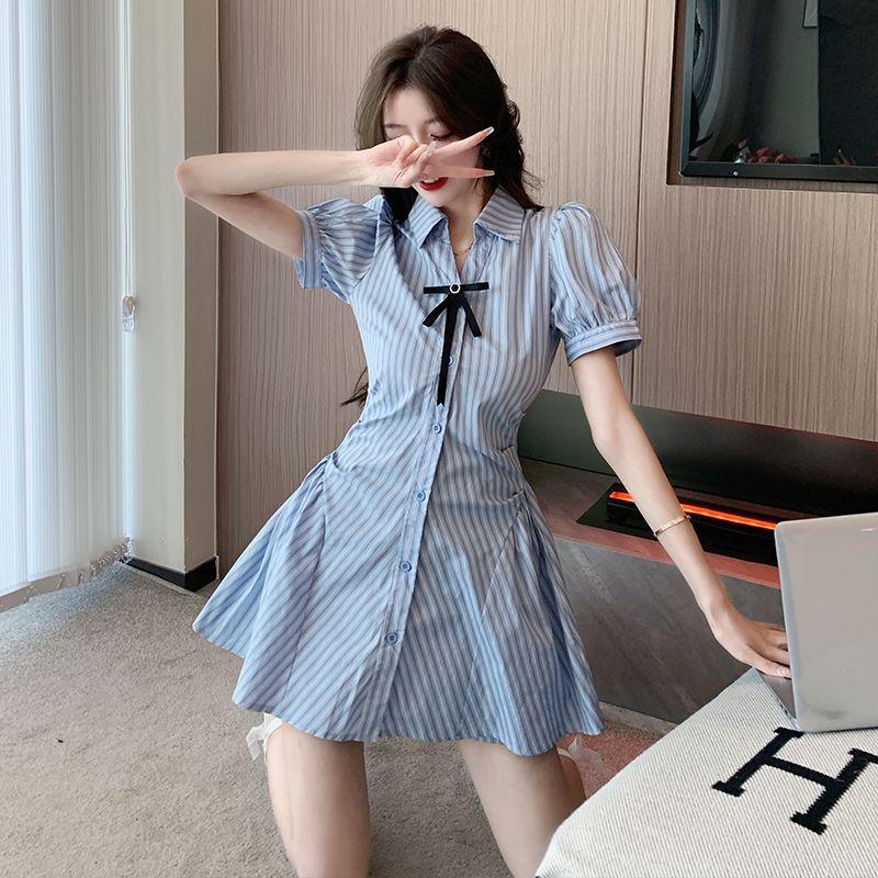 (Skirt + Shorts) College Style Suit, Long Blue Striped Shirt, Dress, High Waist Shorts, Two-piece Set