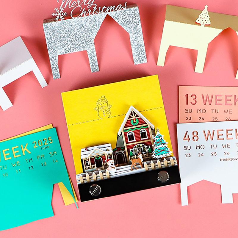2026 Desk Calendar With Led Light Christmas Snow House Sculpture 3D Tear-Away Calendar Paper Carving Notepad Gift Home Decor