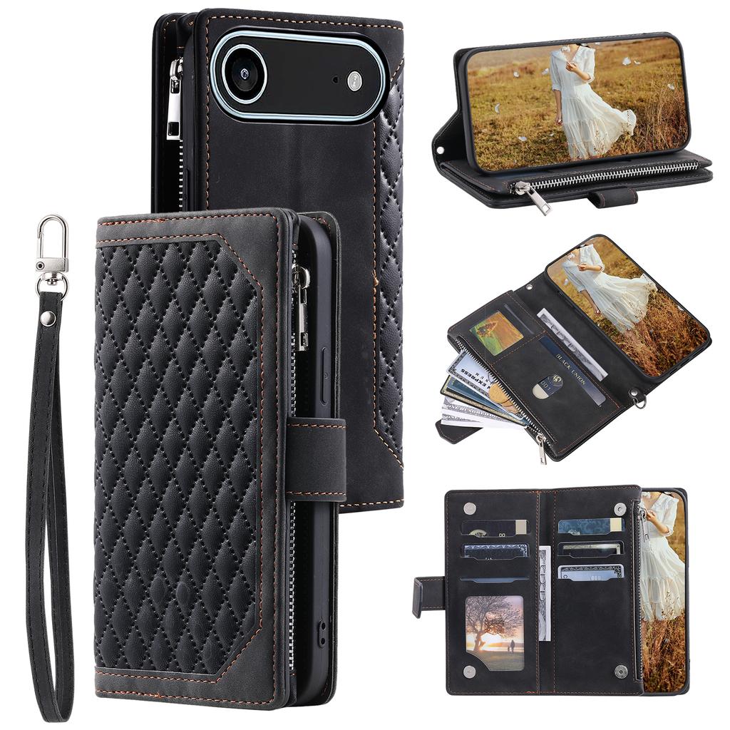 For iPhone 17 Air Wallet Case Rhombus Stitching Line PU Leather Phone Cover with Wrist Strap
