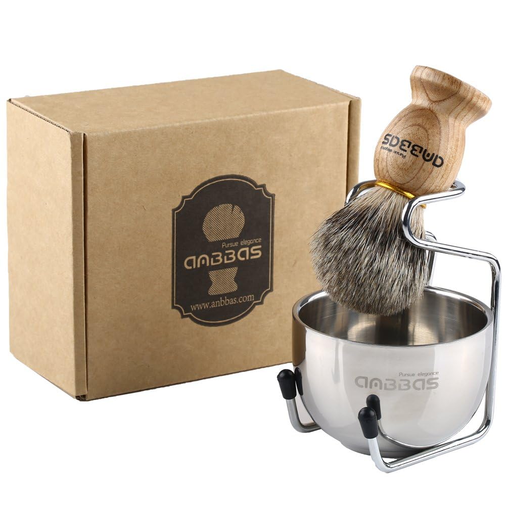 Easy Raku® Beard Brush Shaving Brush Set, 3-Piece Set with Pure Badger Hair Shaving Brush, Stainless Steel Razor Stand, Stainless Steel Shaving Soap B