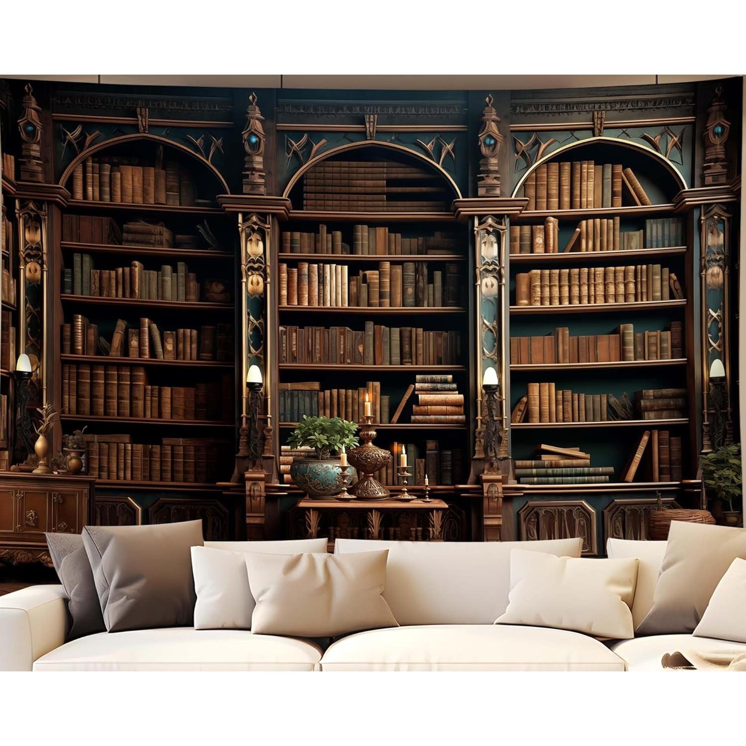 Tapestry medieval vintage bookshelf on the wall 75x100