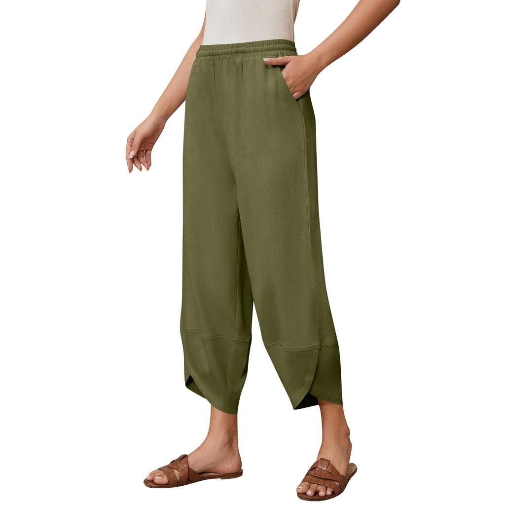 Women's Slanted Pocket Elastic Waist Cropped Pants Casual Cotton And Linen Pants
