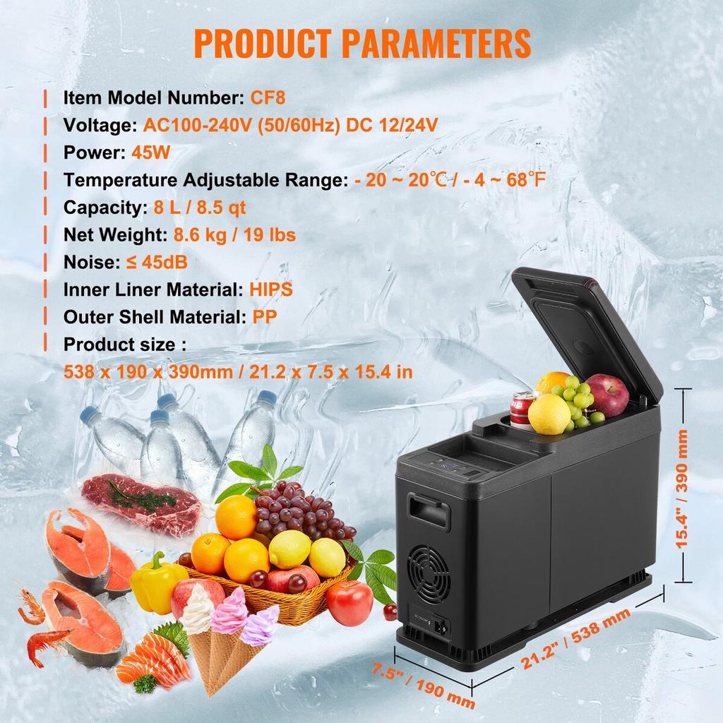 Portable Car Refrigerator Freezer Compressor 8 L Single Zone for Car Home