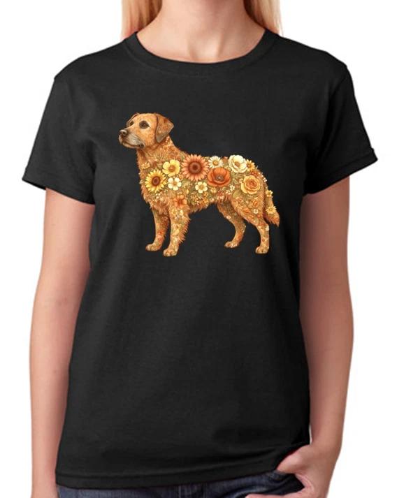 Floral Border Terrier Beautiful Artwork Ladies T-Shirt Cute Dog Art Tee XXXXL
