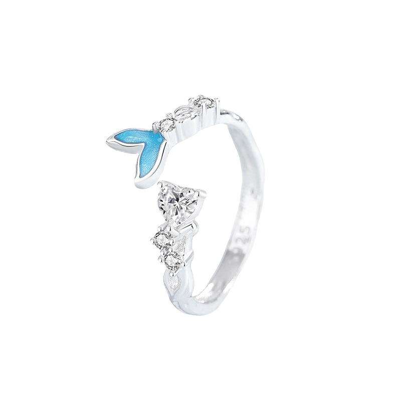 Tichya S925 Sterling Silver Enamel Fishtail Couple Rings - For the Rest of My Life With You Collection. Adjustable Opening