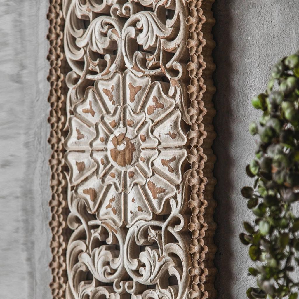 Floral Scroll Wall Plaque Medallion Design Vintage Wooden Decor Beige Brown