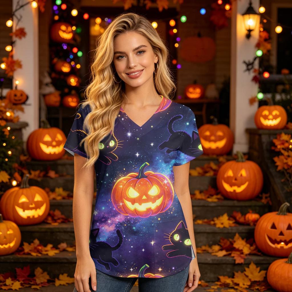 Women V Neck Short Sleeve Top with Pockets Halloween Print Scrub Shirt for Healthcare Professionals Uniform
