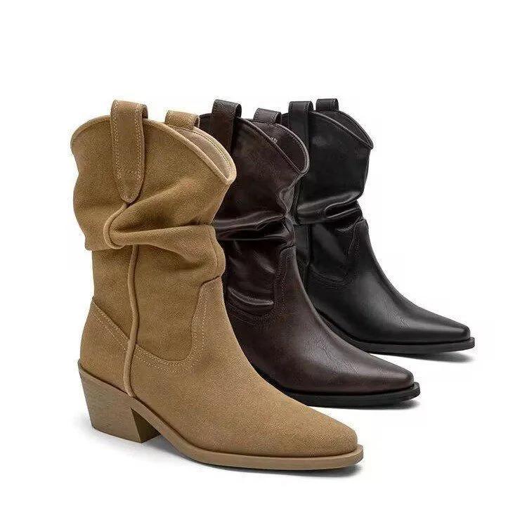 Women Thick Heel Western Boots Women Faux Suede Chunky Heeled Ankle Boots Autumn New Sewing Slip On Knight Pointed Botas Mujer