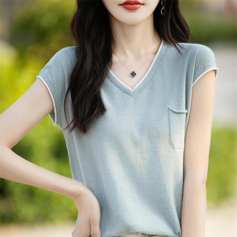 New Summer Cotton Thread V-neck Sweater Short-sleeved T-shirt for Women Contrasting Color Pocket Baggy Versatile Tops Outside Wearing Base Shirt