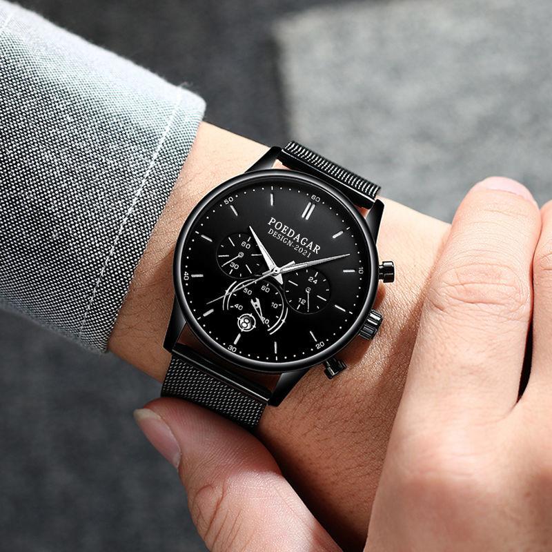 Men Watch Fashion Chronograph Slim Stainless Steel Mesh Quartz Men's Wristwatch Waterproof Luminous Date Sport Watch