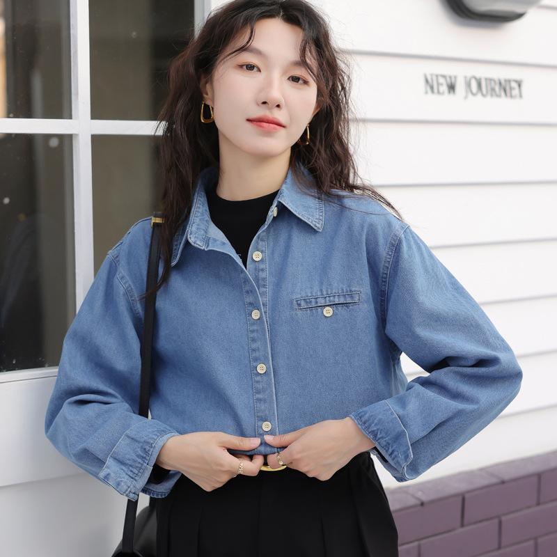 Real shot spring and autumn popular retro lazy denim shirt jacket thin top women's small 1116 spring and autumn new models
