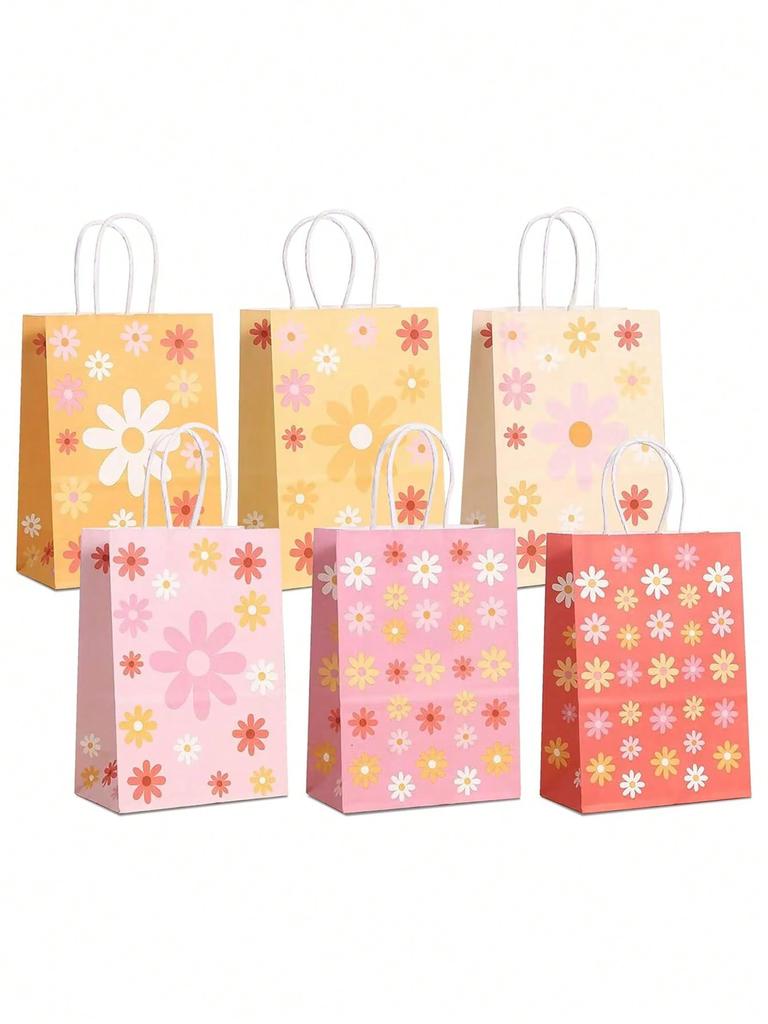 SHEIN 12pcs Sun Flower Theme Gift Bags Kraft Gift Bags Bulk Birthday Bags For Party Goody Gift Bags,Festival Wedding Gift Bag