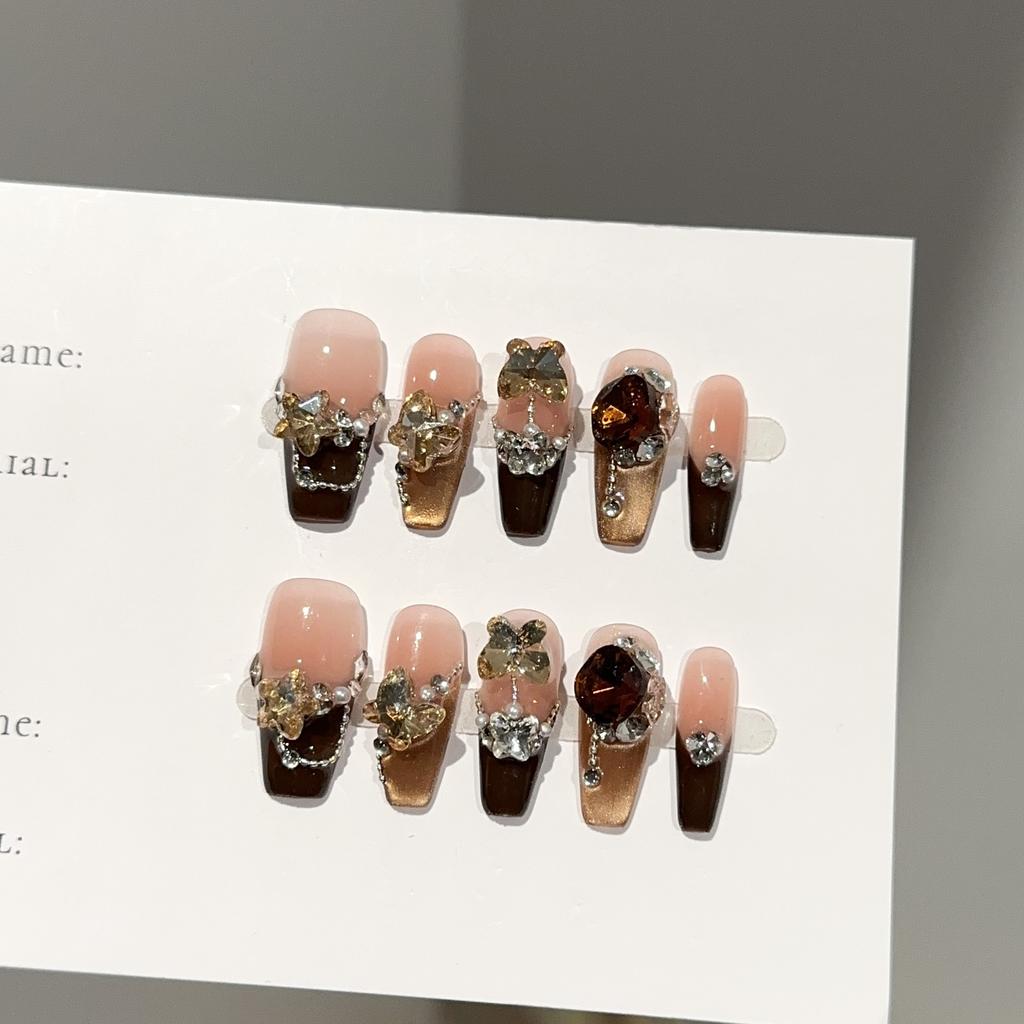 Pure‑Handmade Finished Press‑On Nails High‑End Autumn‑Winter Maillard Golden‑Cat‑Eye European‑American Heavy‑Craft False Nail Patches