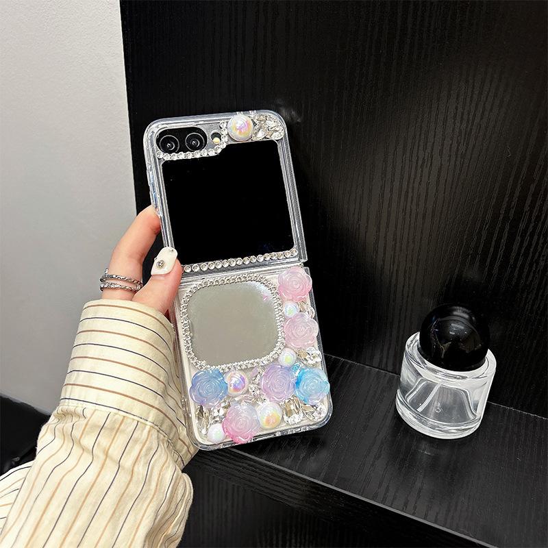 

Diamond Flower Square Mirror Phone Case for Samsung Zflip6 Flip W23flip Folding Fold5 Luxury For Samsung ZFlip7