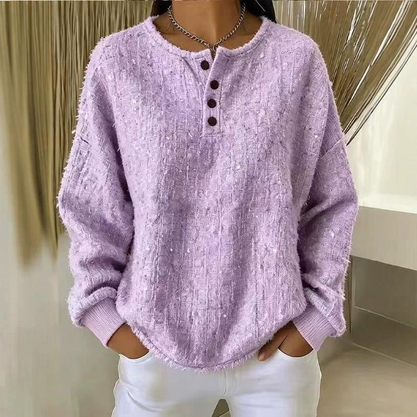 Women Henley Button Neck Fuzzy Knit Sweater Long Sleeve Loose Solid Color Textured Casual Ladies Autumn Winter Pullover