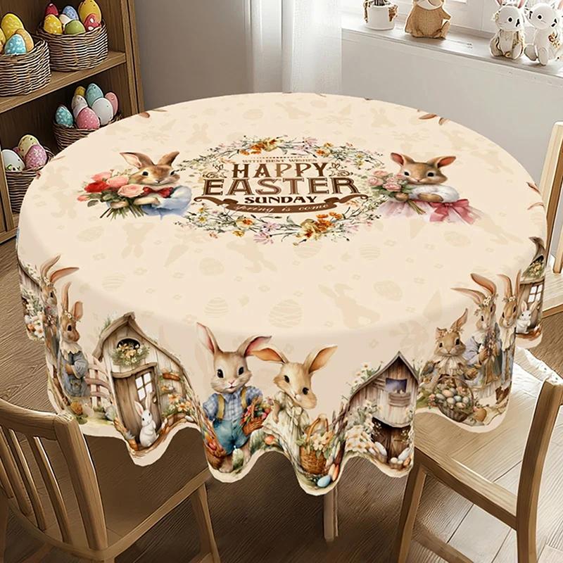 Vintage Easter Bunny Eggs Tablecloths Holiday Party Decor Spring Floral Rectangle/Round Table Cover Easter Decorations For Home
