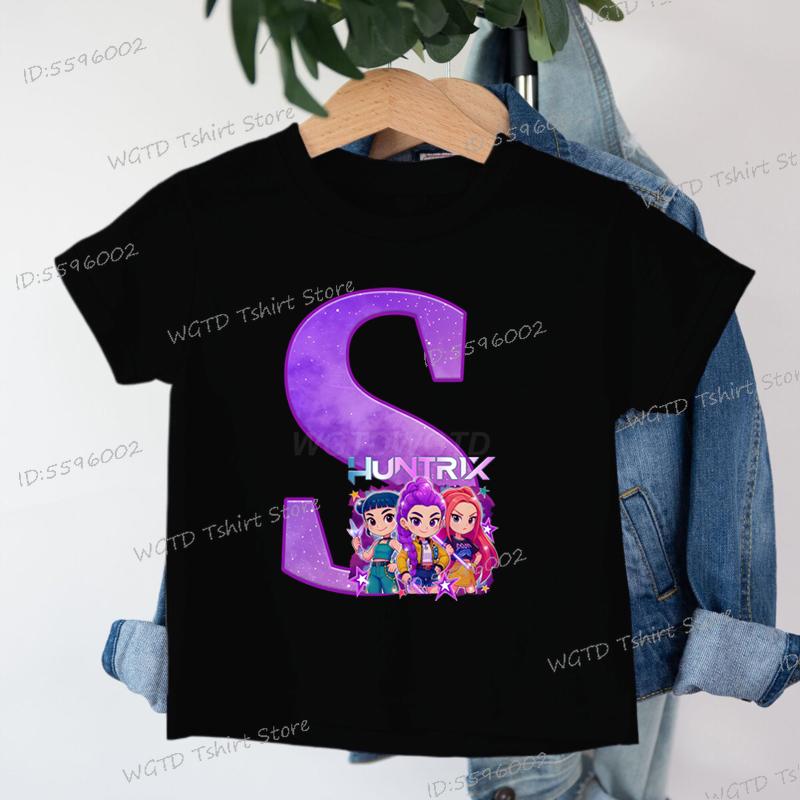 Clothes Child Girl KPop Demon Hunters Letters T-shirt for Children Cartoon Girls Boys Cotton Tee A-Z 26 Alphabet Kids Clothes