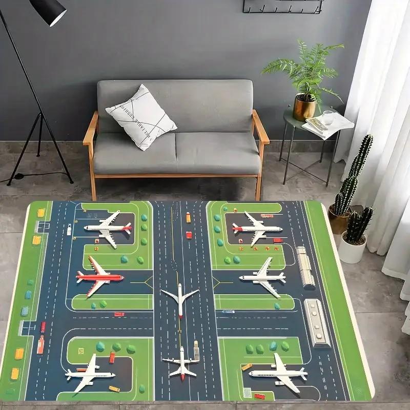Airport-Themed Carpet Green with Airplane & Runway Design Rug for Living Room, Outdoor, Kitchen, Bathroom, Airplane Decor Mat