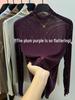 Purple Sequin High Neck Ruffle Lace Top - Women's Slimming Long Sleeve T-Shirt for Autumn/Winter Trends