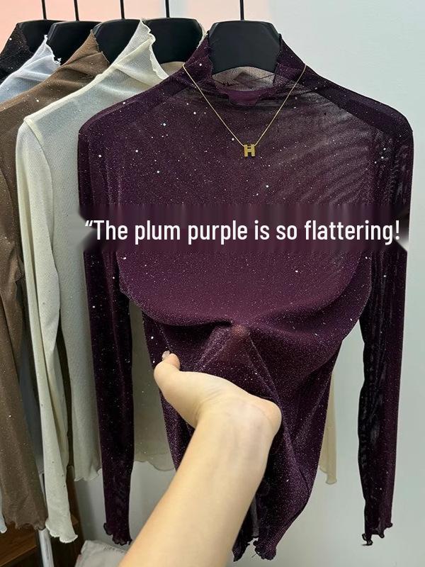 Purple Sequin High Neck Ruffle Lace Top - Women's Slimming Long Sleeve T-Shirt for Autumn/Winter Trends