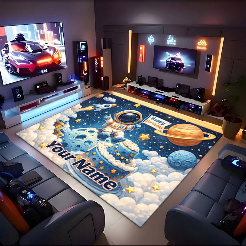 1PC Custom Name Space Astronaut Birthday Theme Floor Mat Ideal for Living Room, Game Rooms, Office, Bedroom,Floor Mat Playful Design