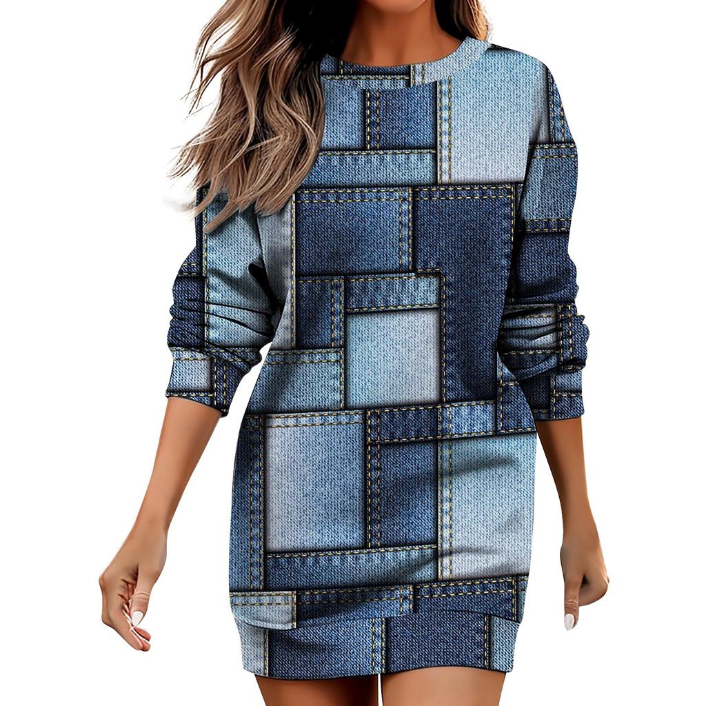 Long Sleeve Dress For Women Casual Printed Pullover Hip Pack Dress Sweater Dress