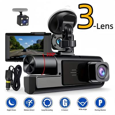 1080P 3 Channel Dash Cam, Triple Lens Recording, IR Night Vision, Ultra Wide Angle, Auto Loop Recording, Universal Fit