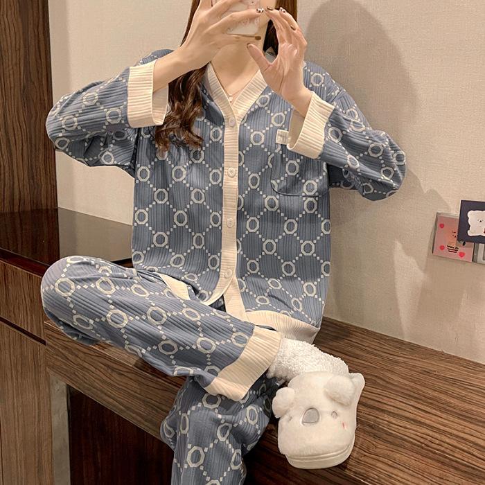Kadın İlkbahar Sonbahar Pijama İki Parça Set Kadın Bol Moda Leopar Desenli Uzun Kollu Bayan Ev Giyimi