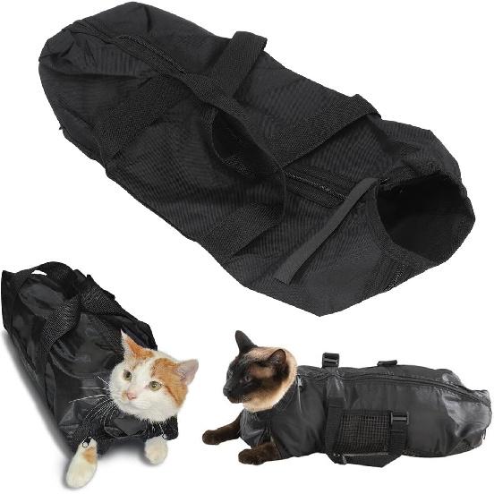 Cat Grooming Bag, Oxford Cloth Pet Bathing Restraint Bag with Front & Rear Zippers, Handles & Hanging Hook, 46x24cm Cat Restraint Bag for Bathing,