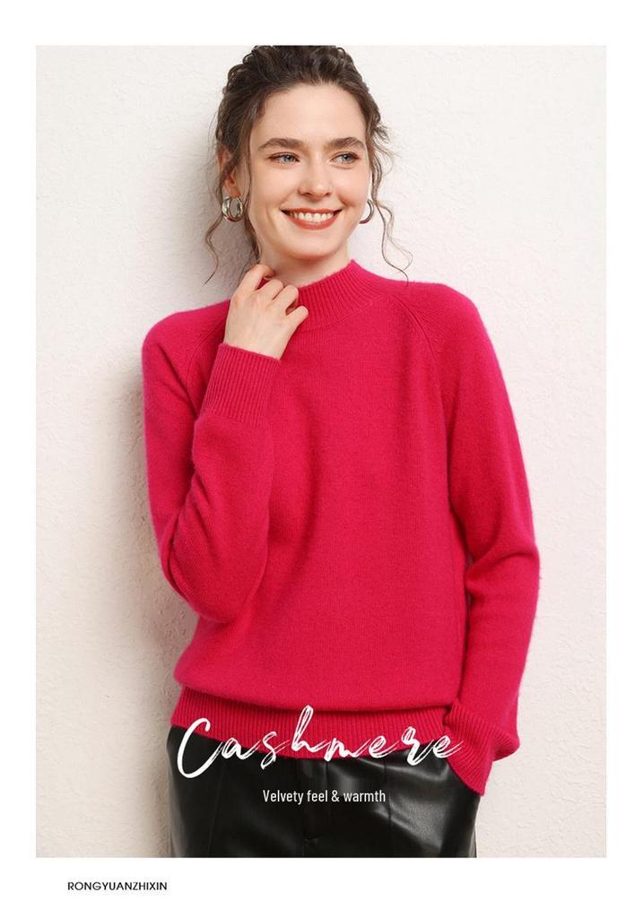 Women's Versatile Cashmere Sweater: Plain Color, Autumn/Winter, Half-High Neck, Raglan Sleeves, Double Ply, Thickened Base Layer.
