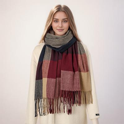 Womens British Plaid Scarf Autumn Winter Thickened Soft Warm Faux Cashmere Shawl with Tassels Fashion Accessories 190*70cm