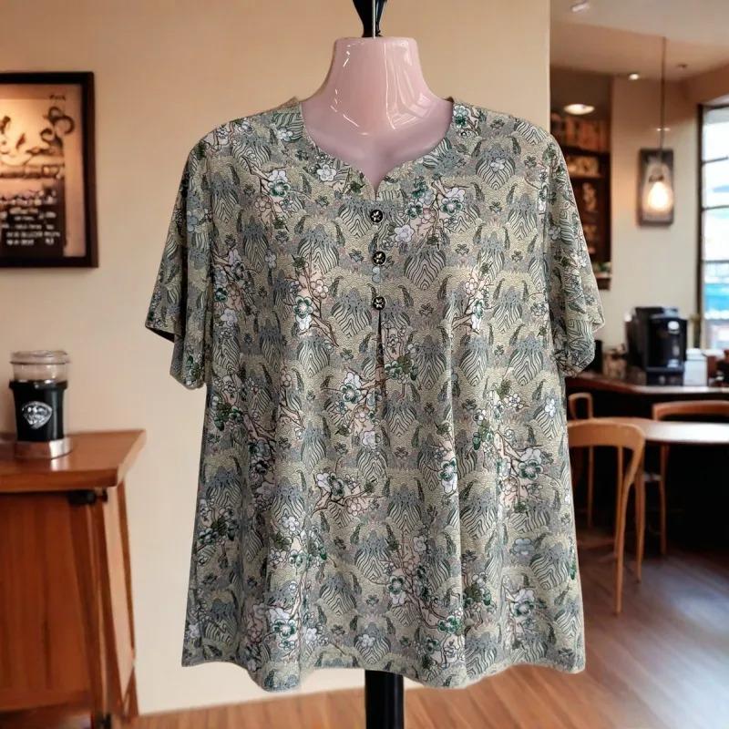 

Летняя свободная футболка с коротким рукавом из ледяного шелка для пожилых женщин и бабушек, больших размеров, женская одежда больших размеров XL зелёный