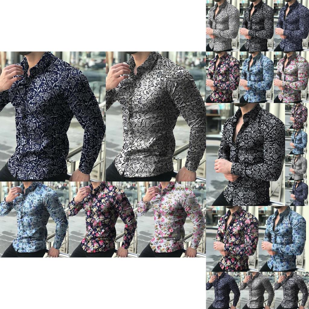 Stylish Men's Casual Long-sleeve Shirt With Trendy Floral Print And Slim Fit Design