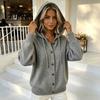 Damen Herbstbekleidung Kapuzen-Strickjacke Pullover, Langarm Kordelzug Knopf Jacke für Büro Streetwear Herbst Winter, Einfarbig Locker Lässig