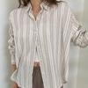 New Arrivals Open Run Women Loose Fit Long Sleeve Collared Neck Stripe Cotton Sh