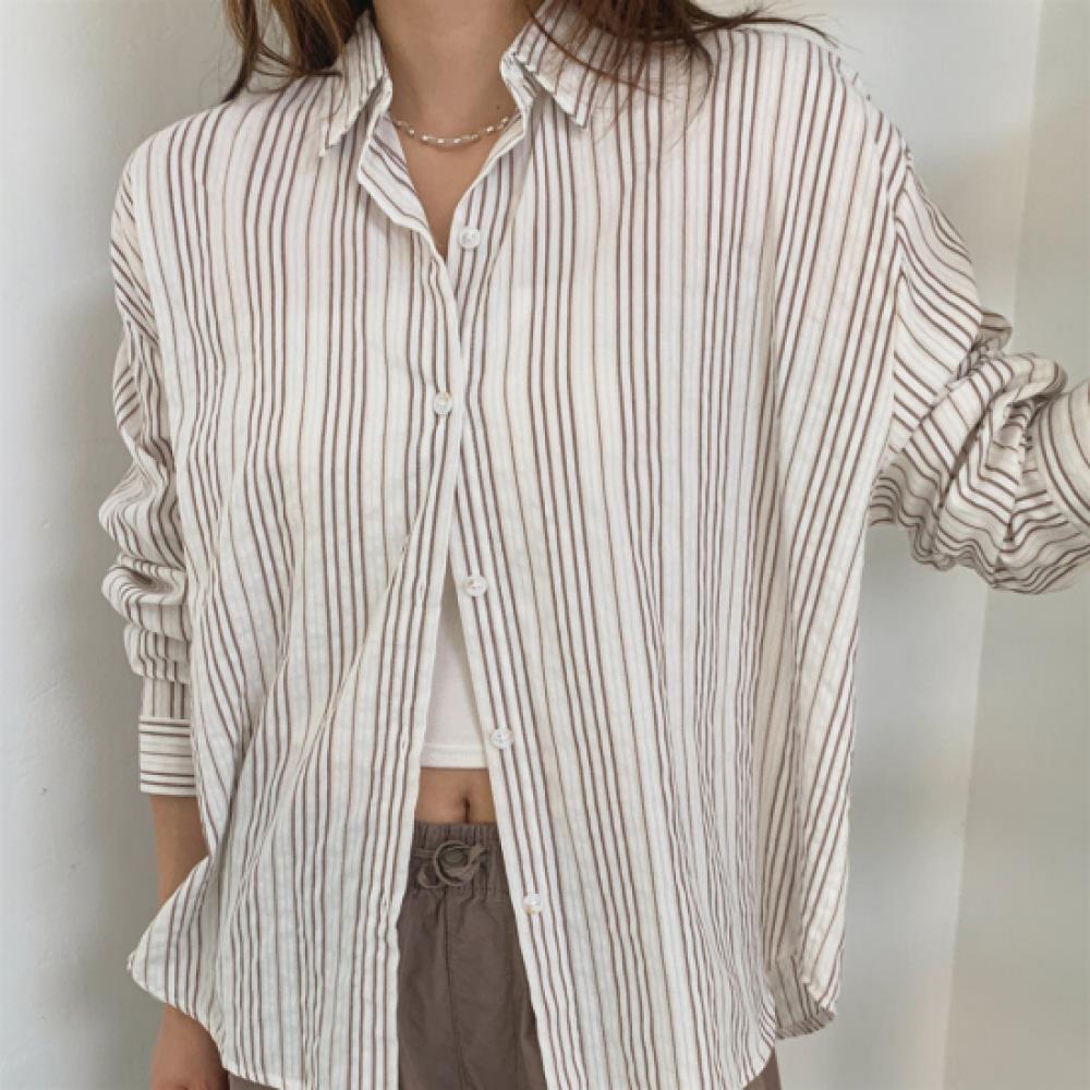 New Arrivals Open Run Women Loose Fit Long Sleeve Collared Neck Stripe Cotton Sh