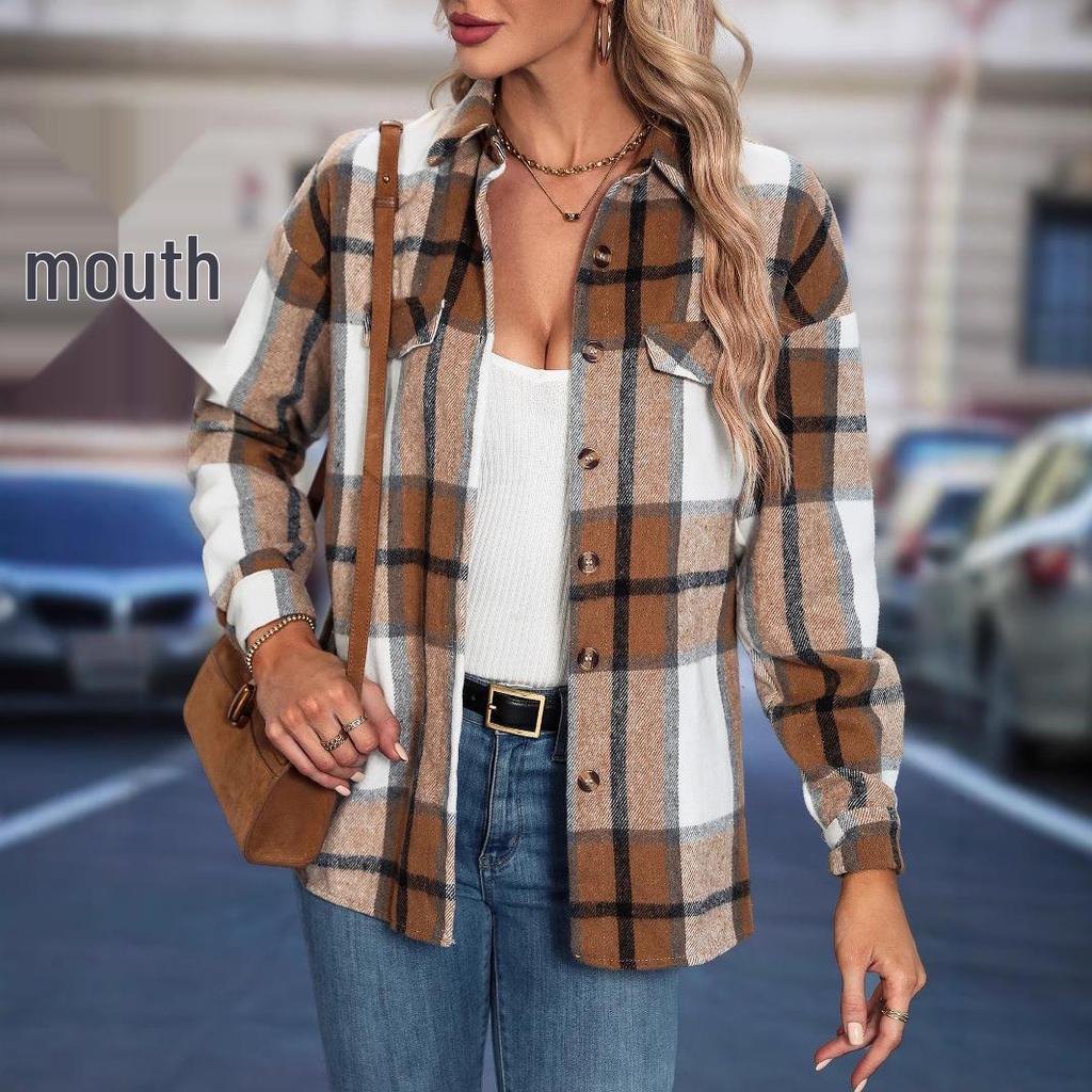 European & American Plaid Drop Shoulder Overcoat - Women's Autumn/Winter Jacket