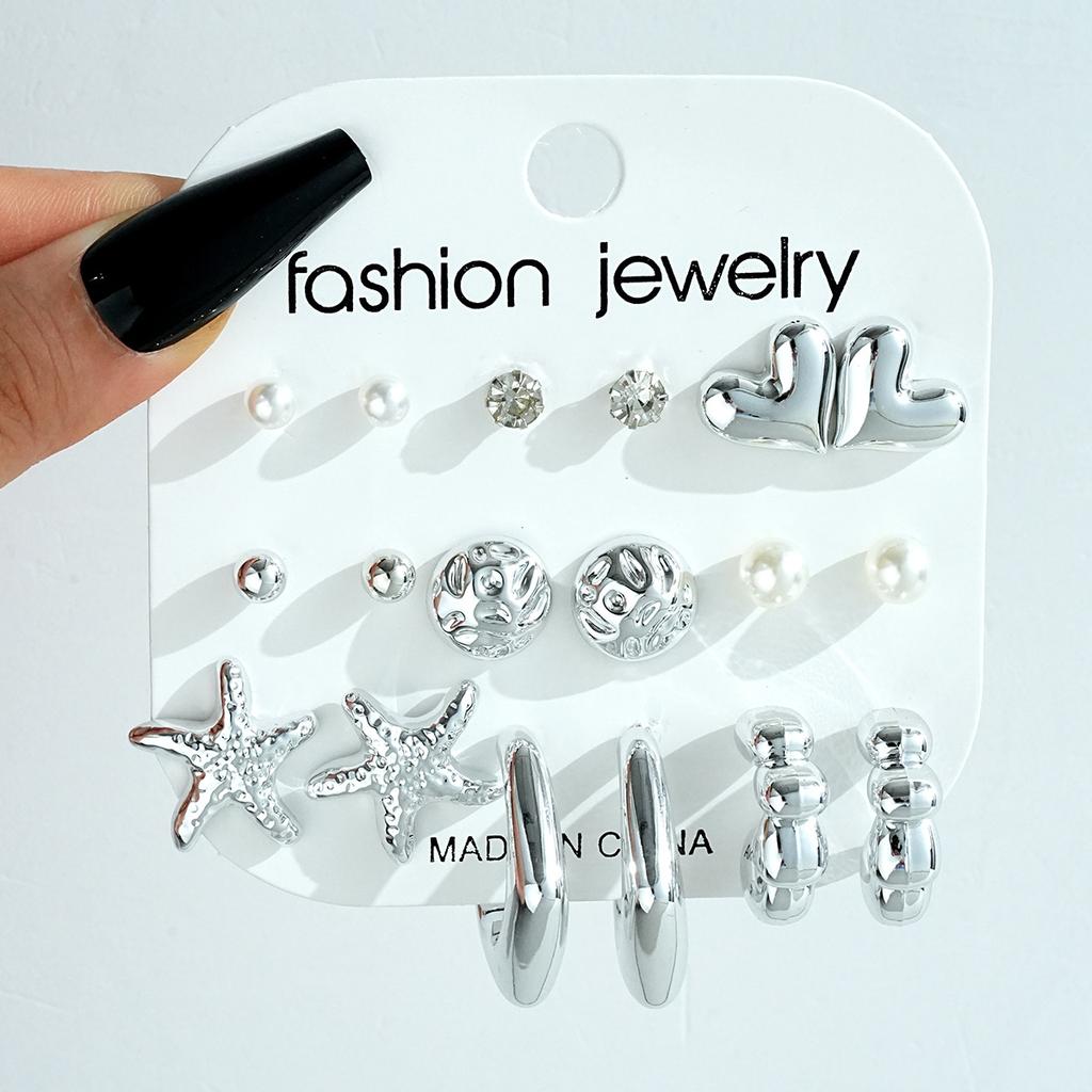 9 Pairs Vintage Heart Teardrop Knot Earrings Set For Women Pearl Crystal Minimalist Stud Hoop Earrings Trendy Daily Wear Jewelry