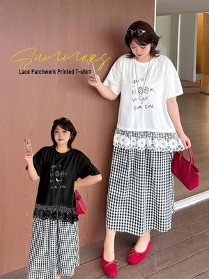 Plus Size Women's Printed Lace T-shirt - Short Sleeve, Spring/Summer Collection.