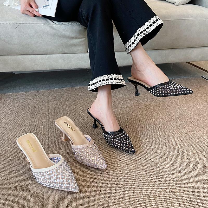 Fashion Women Vintage Pointed High Heel Mule Sandals Rhinestone Embellished Hollow Out Slip On Shoes