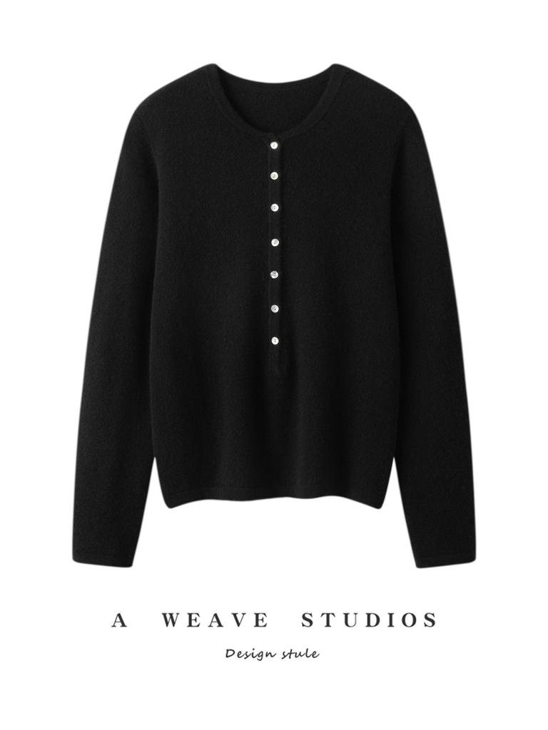 2025 A/W Women's 100% Pure Cashmere Knit Sweater: Loose Fit, Thick Base Layer with Chest Button