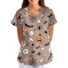 Women's Halloween Print V-Neck Short Sleeve Scrub Top with Pockets Loose Fit