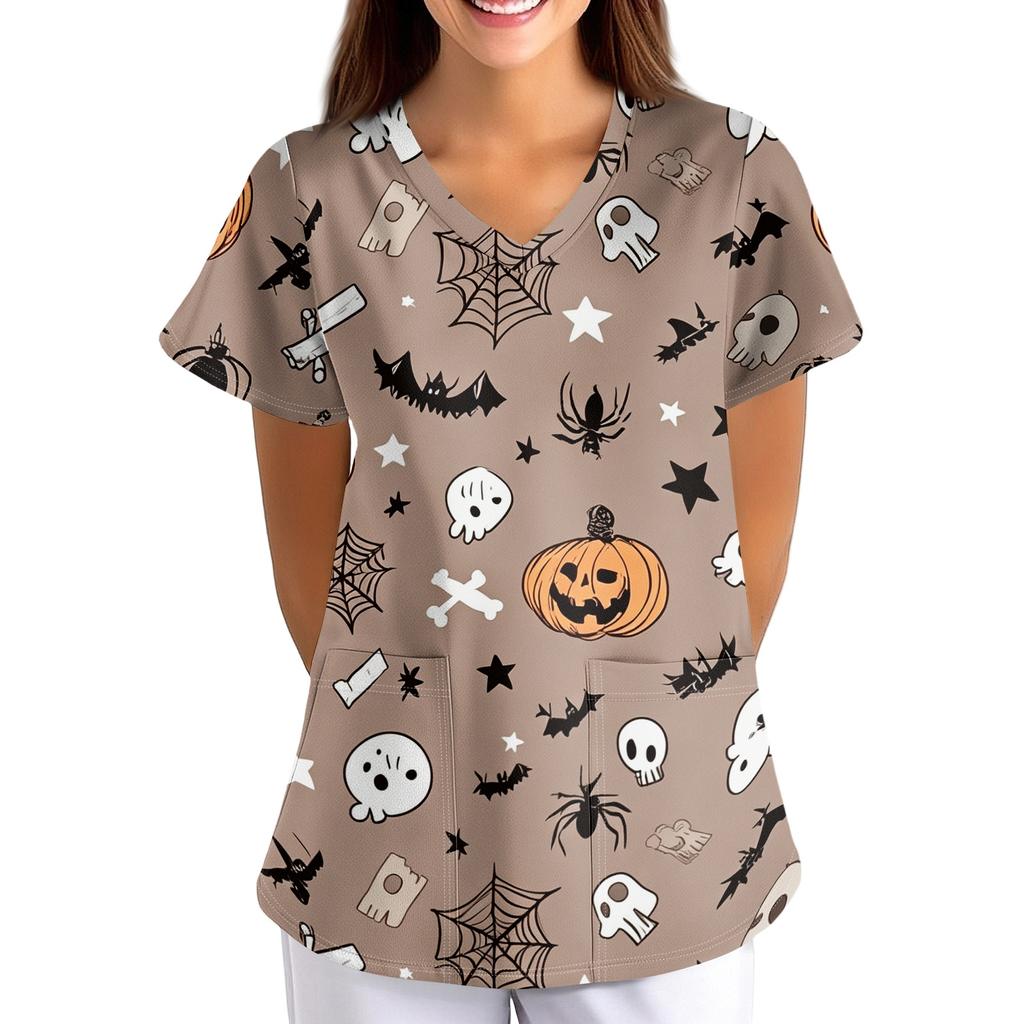 Women's Halloween Print V-Neck Short Sleeve Scrub Top with Pockets Loose Fit