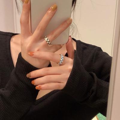 Niche Design Black and White Checkerboard Ring Female Ins Blogger with the Same Retro Index Finger Ring Simple Metal Ring