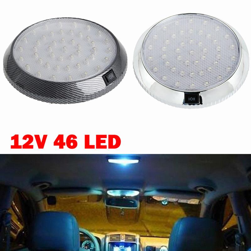 12V 46 LED Round Car Roof Light Lamp Chrome Carbon Look Interior Super Bright with ON/OFF Switch For Camper Van Caravan Boat RV