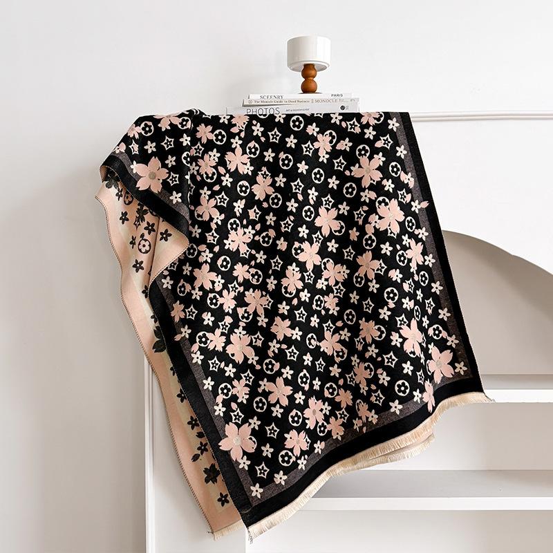 Herbst und Winter Neu Kirschblüten Schal Damen Fransen Imitat Kaschmir Verdickt Warmer Schal Eleganter Schal