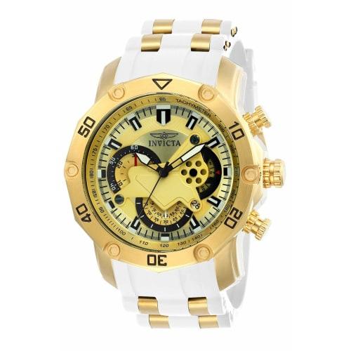 Invicta Pro Diver 23424 Quartz Watch, 50mm Case, White Gold with Silicone and Stainless Steel Strap, Gold Dial, Beige